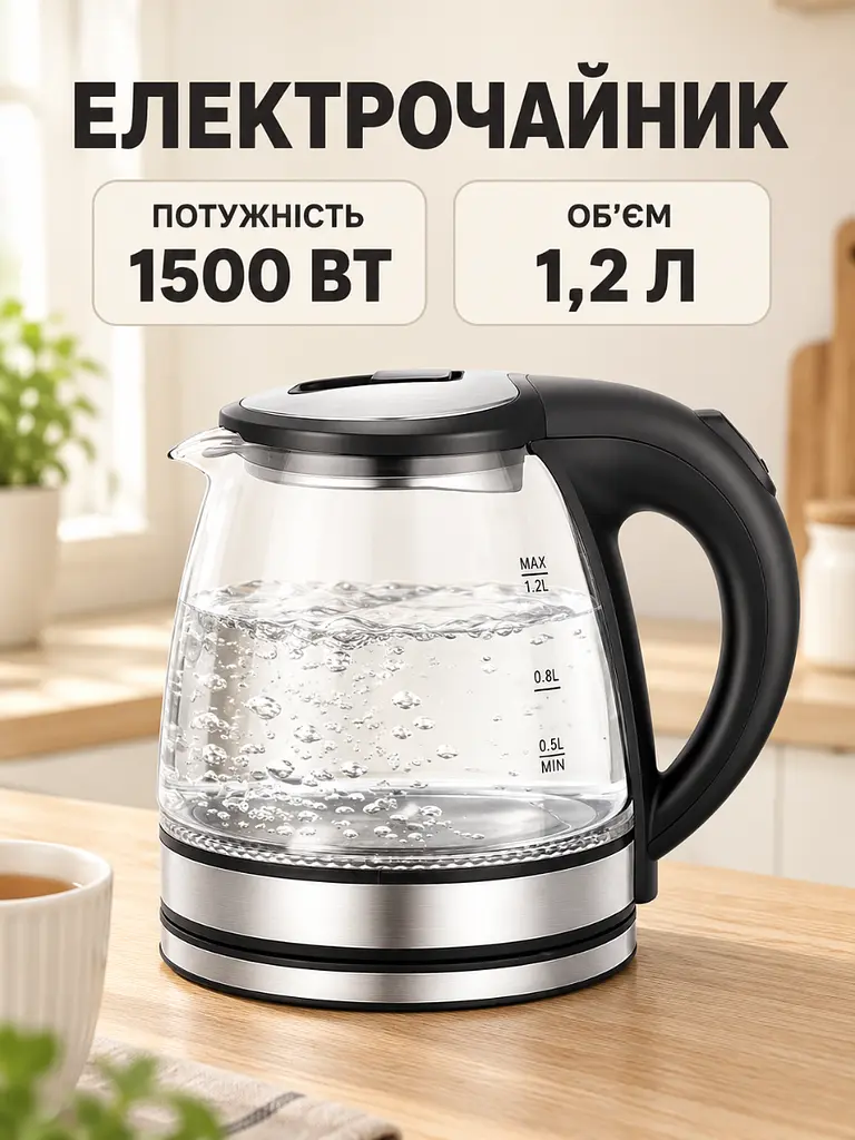 Електрочайник зі скляною колбою 1.2 л 1500 Вт з автовимкненням чорний (37261563) - фото 2