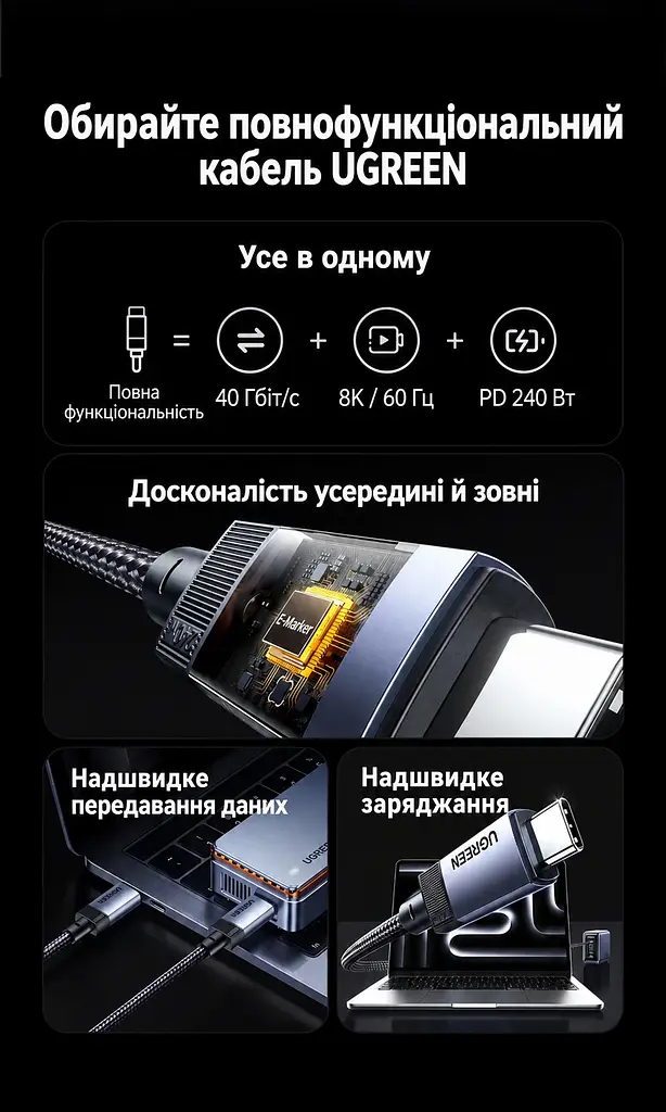 Кабель UGREEN L705 USB-C - USB-C USB4 40 Гбіт/с PD 240 Вт 1 м чорний (65175) - фото 2