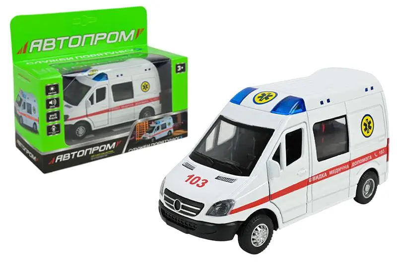 Іграшкова машинка Швидка допомога мікроавтобус Автопром світлозвукові ефекти металева AP7543, в коробці р.17x14x6.5см