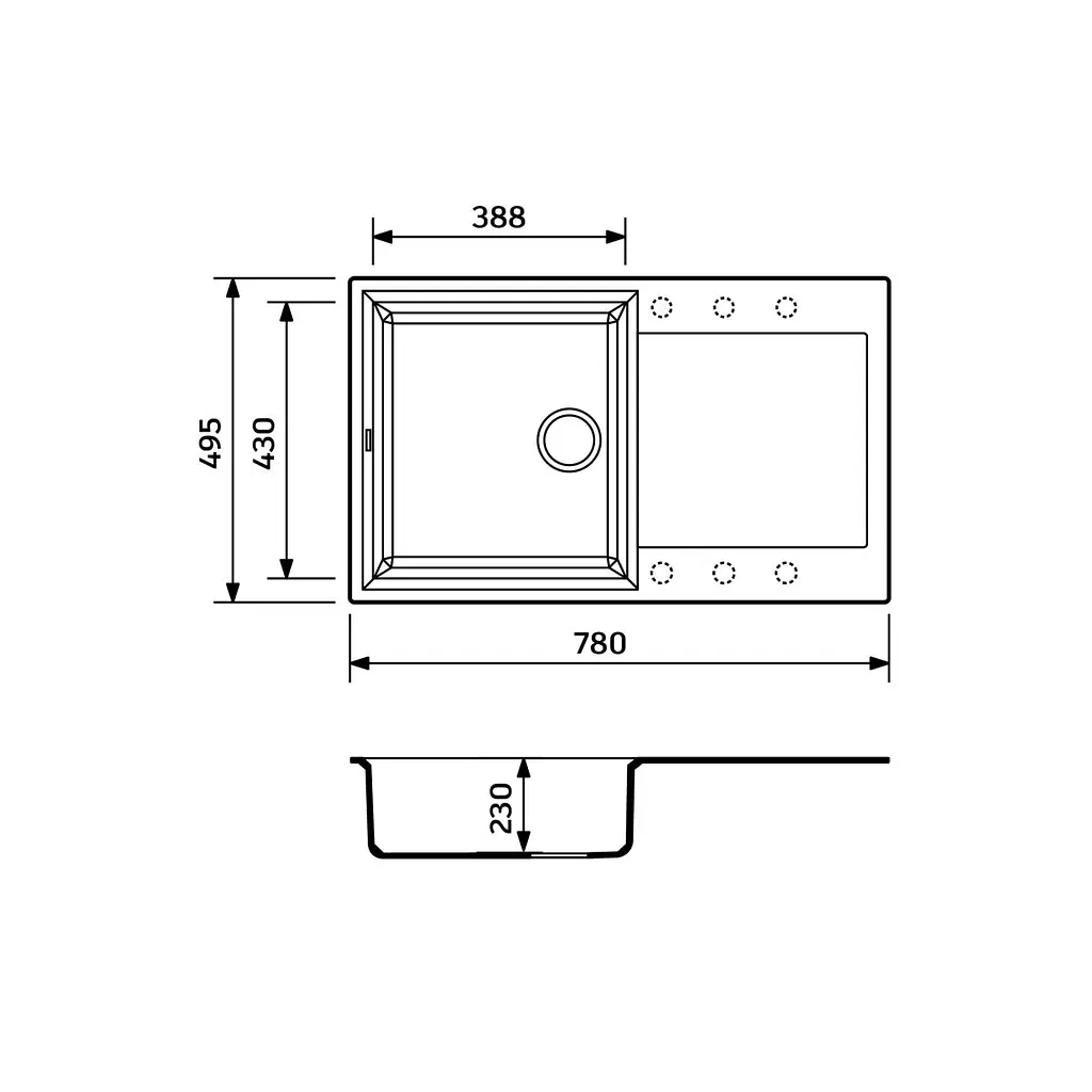 Кухонна мийка Adamant HORIZON антрацит 780x495x230 мм, з крилом 78 см - фото 2