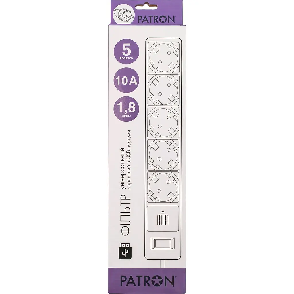 Мережевий фільтр Patron Patron, 5 розеток, 1.8 м, White, 2xUSB (2.1A), 10А, до 2.2 кВт, виключатель, заземление, 3x1 мм² (SP-52-USB-W) (EXT-PN-SP-52-U - фото 2