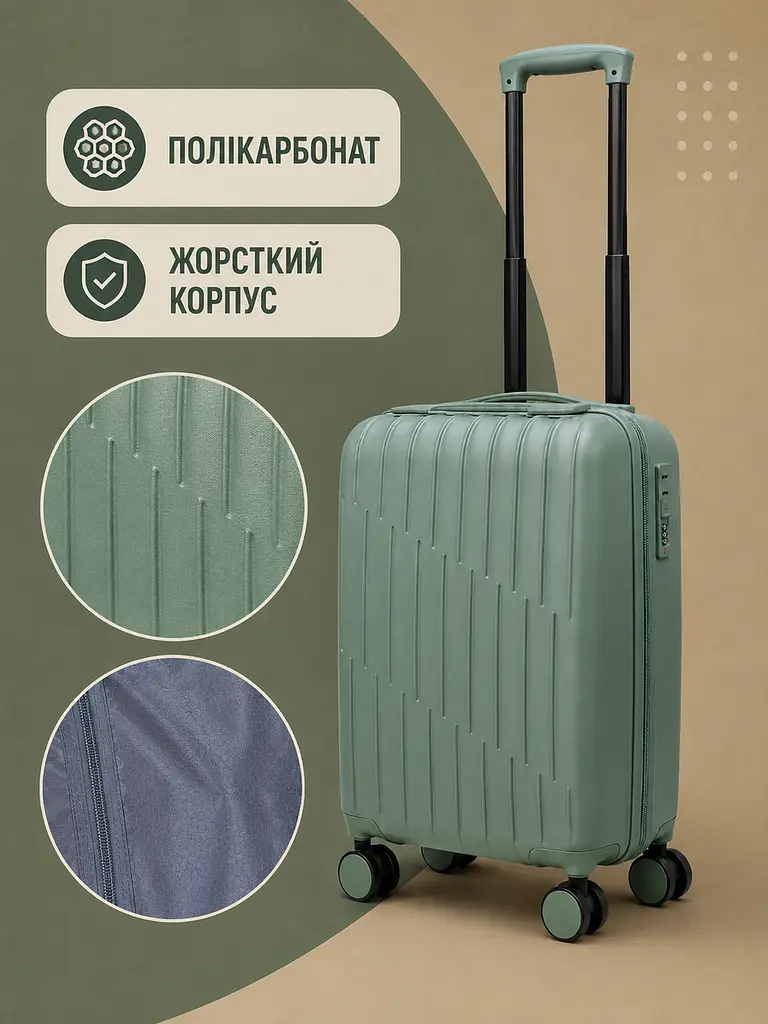 Дорожня валіза на коліщатках 40×30×20 см для ручної поклажі з телескопічною ручкою та кодовим замком, фісташковий (49676350) - фото 4