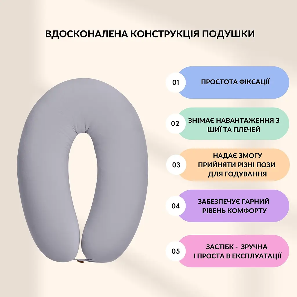 Подушка для вагітних та годування Sei Design трикотаж гіпоалергенна, наволочка з бавовни на блискавці сірий-беж 30 х 190 см (8000036178*002) - фото 2