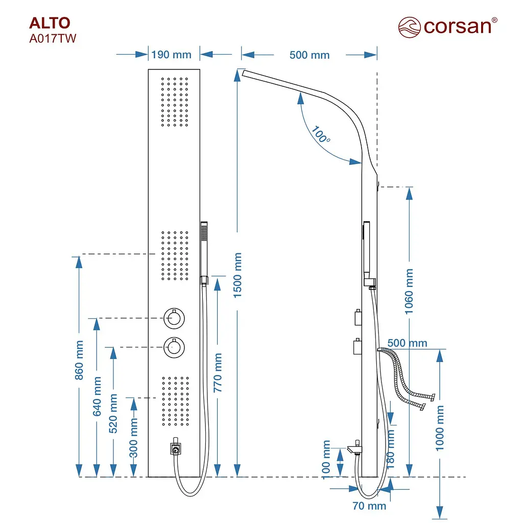 Душова панель Corsan Alto black з виливом та термостатом A017TBLW, Чорний матовий - фото 5