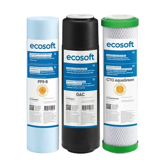 Покращений комплект картриджів Ecosoft 1-2-3 для фільтрів зворотного осмосу з функцією економії води (CHV3ECOAGR) - фото 2