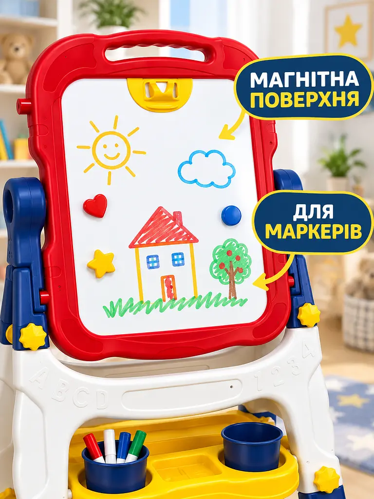 Дитячий двосторонній магнітний мольберт для малювання маркерами та крейдою зі знімною дошкою і поличкою, червоно-синій (49676394) - фото 6