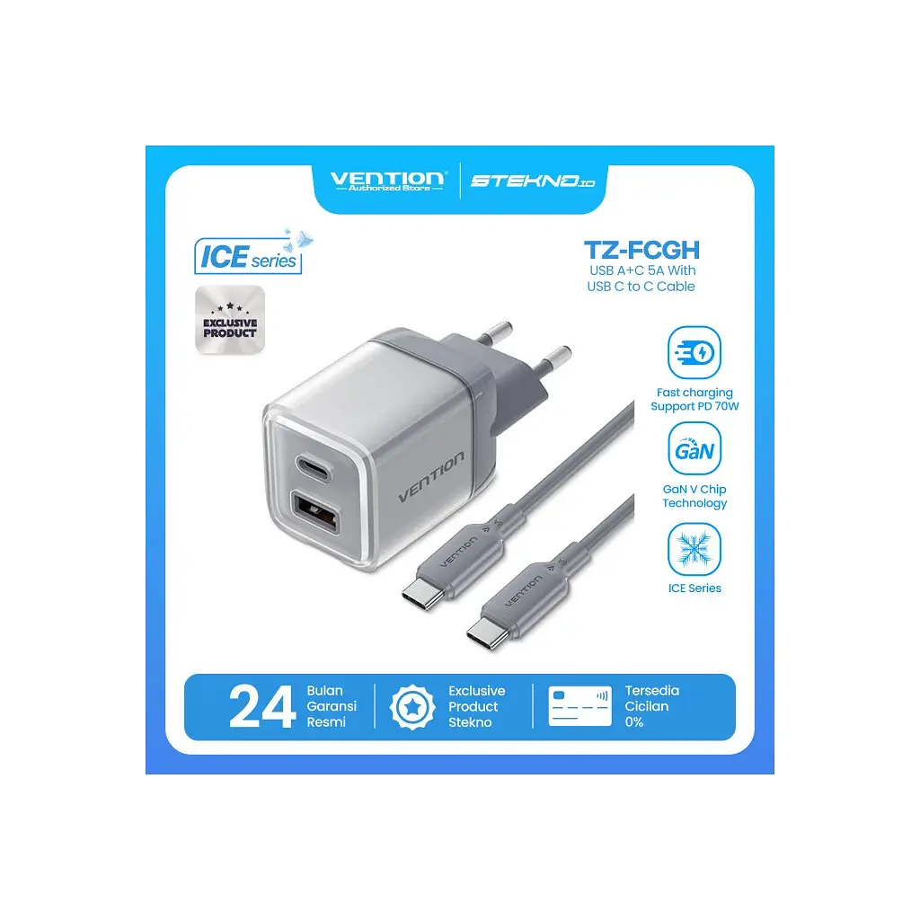 Зарядний пристрій Vention 1xUSB-C PD70W + 1xUSB QC3.0 22.5W GaN + cable USB-C to USB-C 1.0m 5A gray (TZ-FCGH0-EU) - фото 3