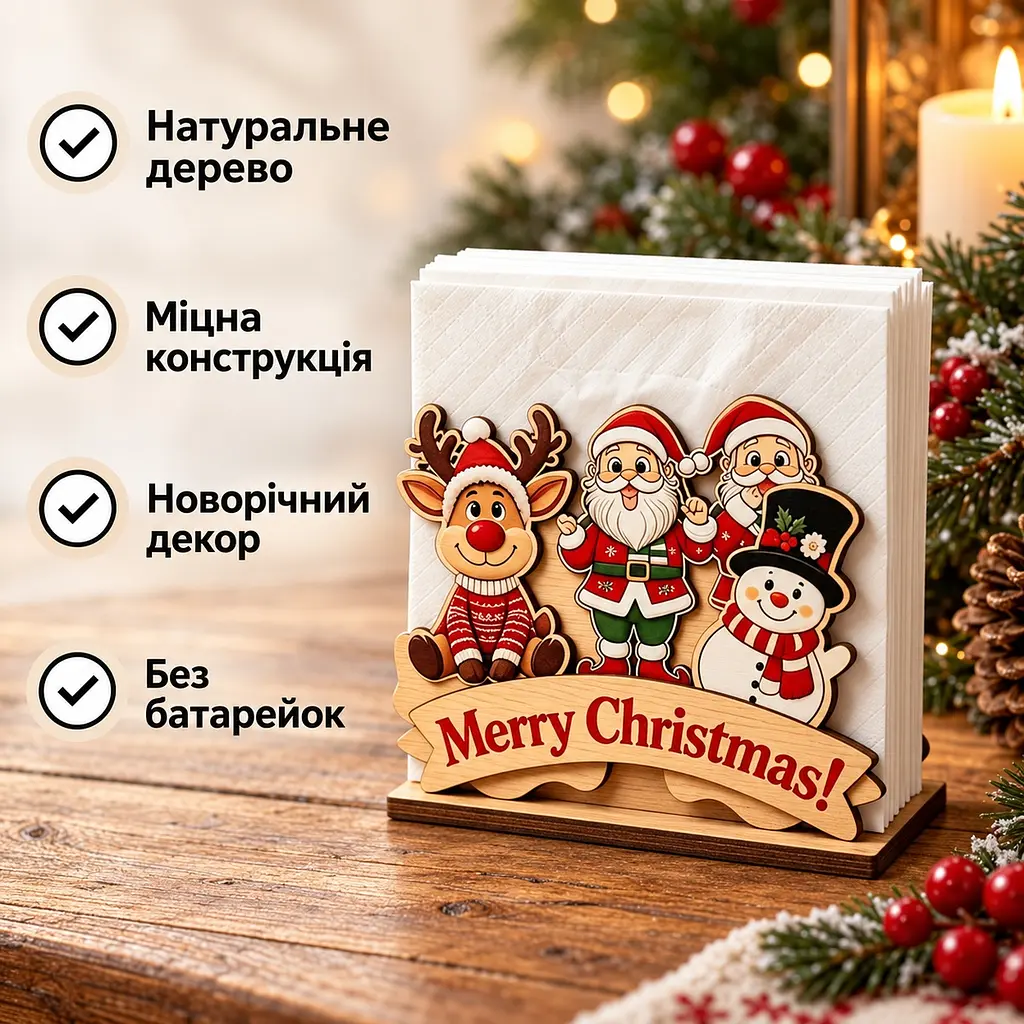 Тримач для серветок дерев'яний новорічний Санта-Клаус Сніговик Олень Merry Christmas - фото 5