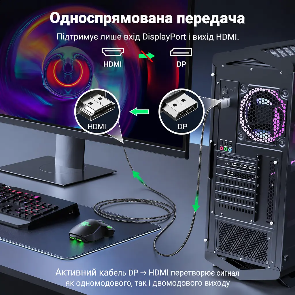 Відеокабель UGREEN DP119 DisplayPort - HDMI 4K 60 Гц 2 м чорний (15774) - фото 2