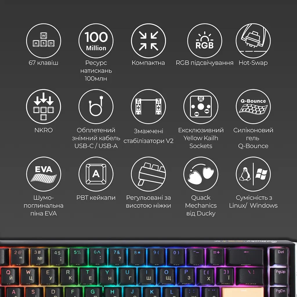 Клавіатура Ducky One 3 SF Cherry MX Red RGB UA USB Black (DKON2167ST-RUAPXCLAWSC1) - фото 9