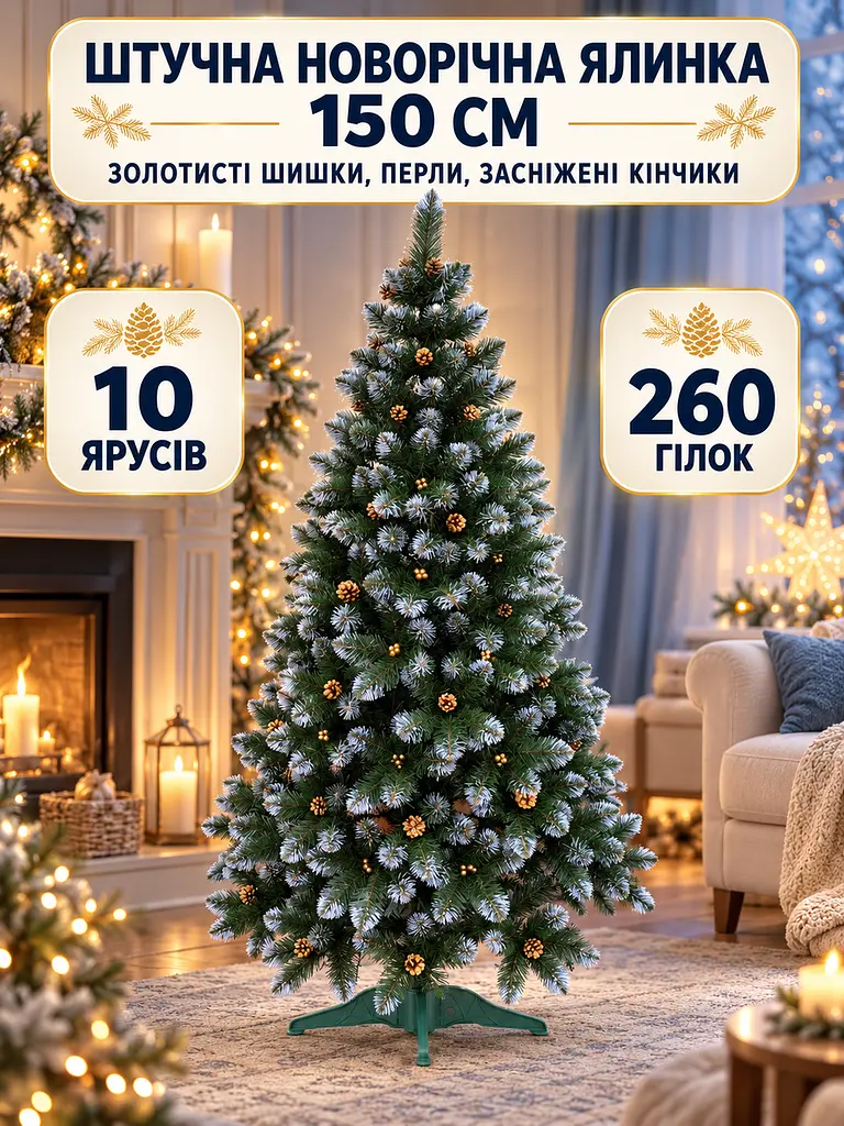 Сертифікована ялинка штучна пухнаста із снігом та золотими шишками та перлинами YaLINKA КZ15 150 см із високоякісного нешкідливого - фото 3