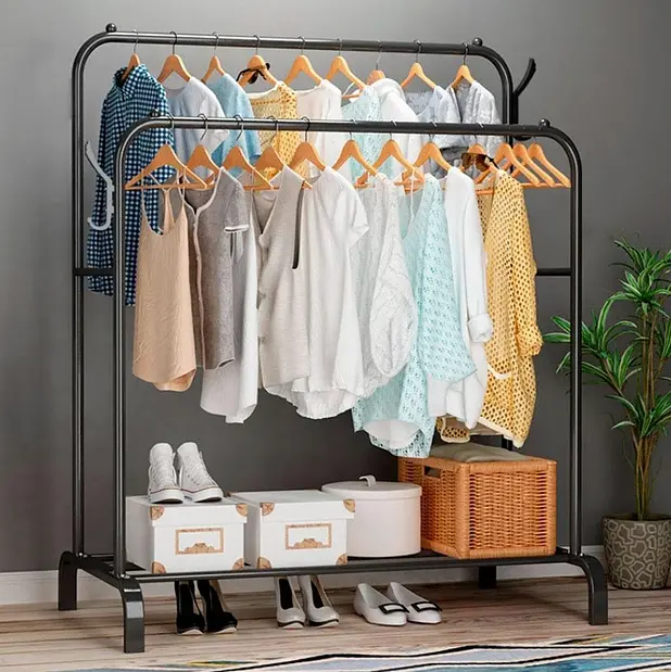 Подвійна стійка – вішалка для одягу Double floor Hanger з полицею для взуття, Ш104хГ41.5хВ152