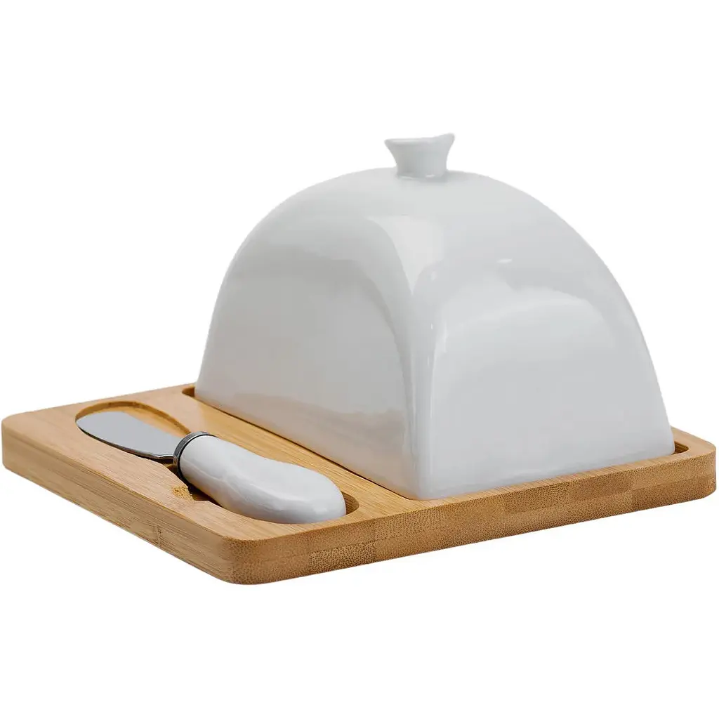 Масленка Yiwu фарфоровая 15х15х9 см с ножом и бамбуковой подставкой HP1255 - фото 2