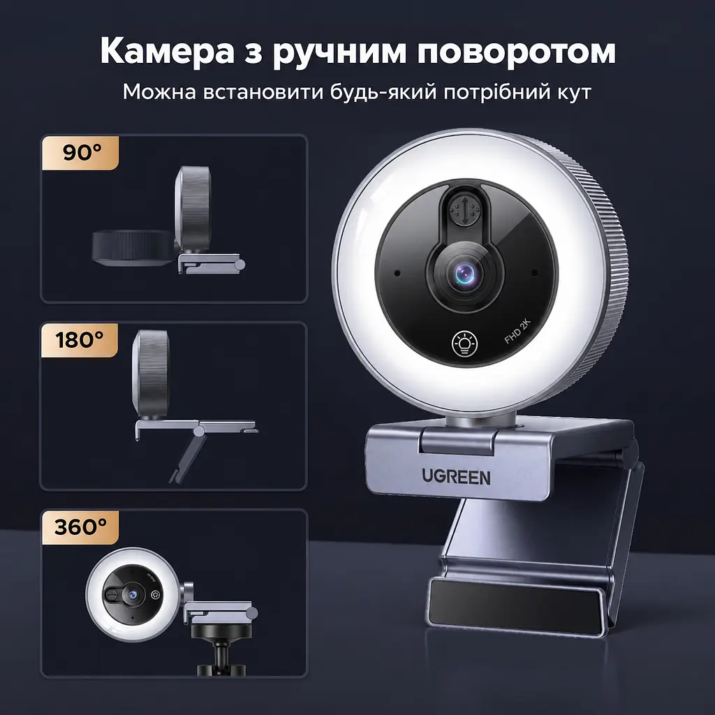 Вебкамера з підсвічуванням UGREEN CM910 2K 30 кадр/с з роз’ємом USB-C із сенсорним перемиканням (65857) - фото 7