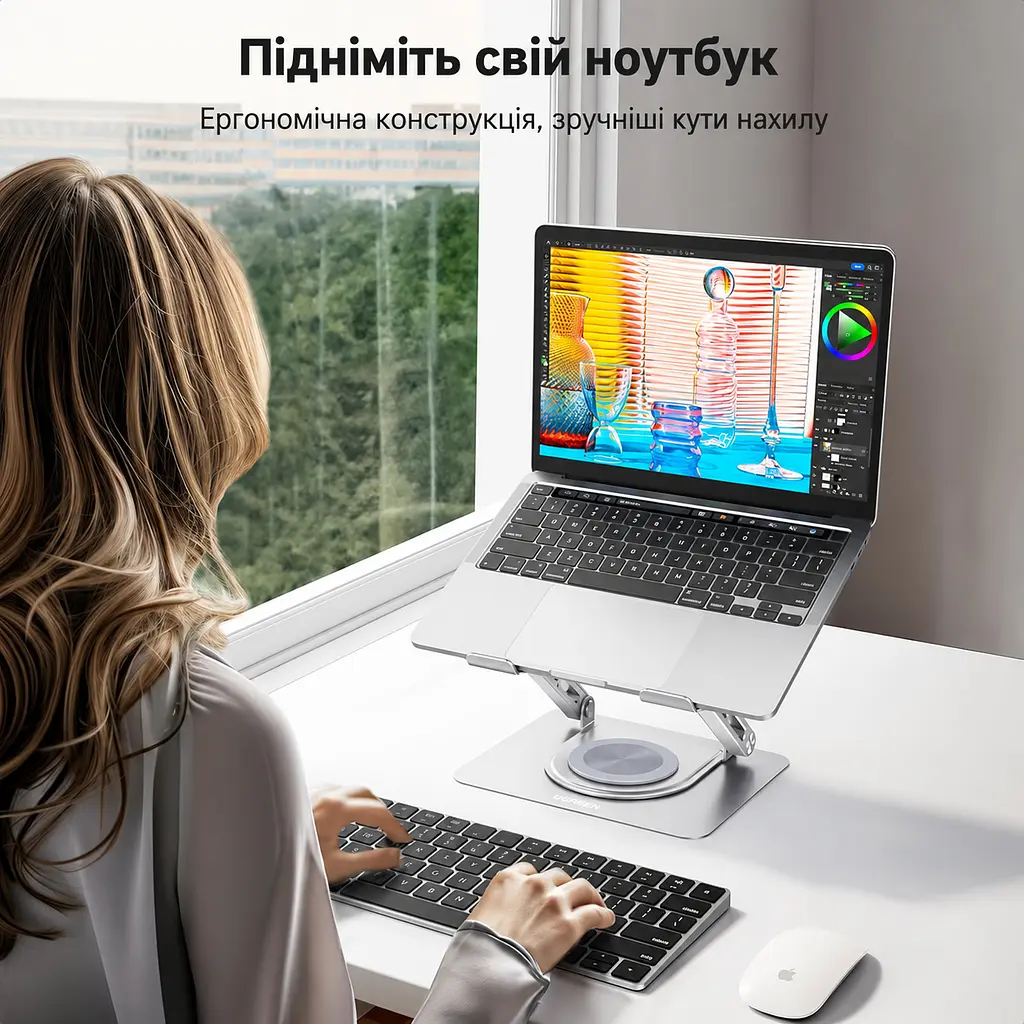 Настільна підставка для ноутбука UGREEN LP876 для діагоналей 11–17,3″ з обертанням на 360° з регулюванням висоти до 178 мм з регулюванням нахилу навантаження до 5 кг також для планшета складана із протиковзними силіконовими накладками з отворами для вентиляції космічний сріблястий (45418) - фото 8