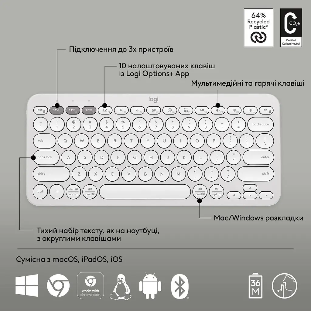 Клавиатура Logitech Pebble Keys 2 K380s White (920-011852) - фото 4