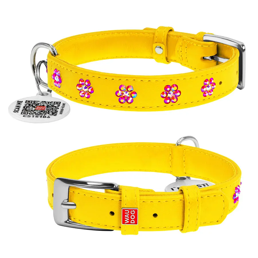 Ошейник для собак кожаный Waudog Glamour с QR-паспортом, с клеевыми стразами «Цветы», Ш 20 мм, Дл 30-39 см - фото 2