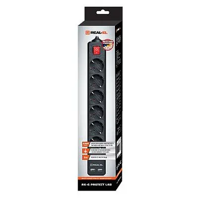 Мережевий фільтр живлення REAL-EL REAL-EL RS-6 PROTECT USB, 5m, black (EL122300018) - фото 2
