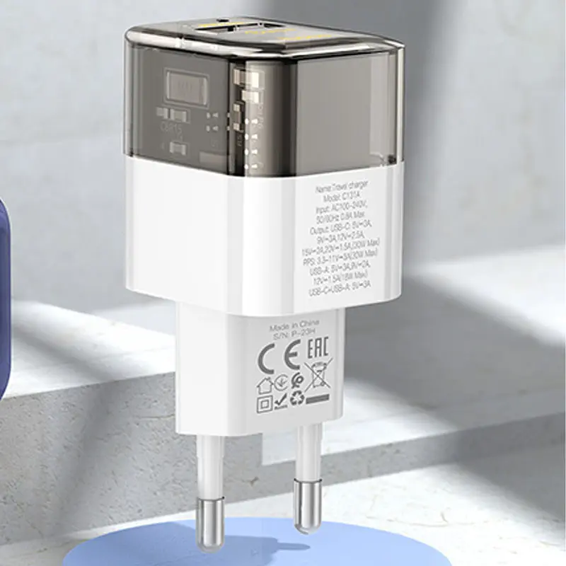 МЗП Hoco C131A Platium PD30W+QC3.0 (1USB-A/1C) + кабель Type-C to Lightning Transparent black - фото 2