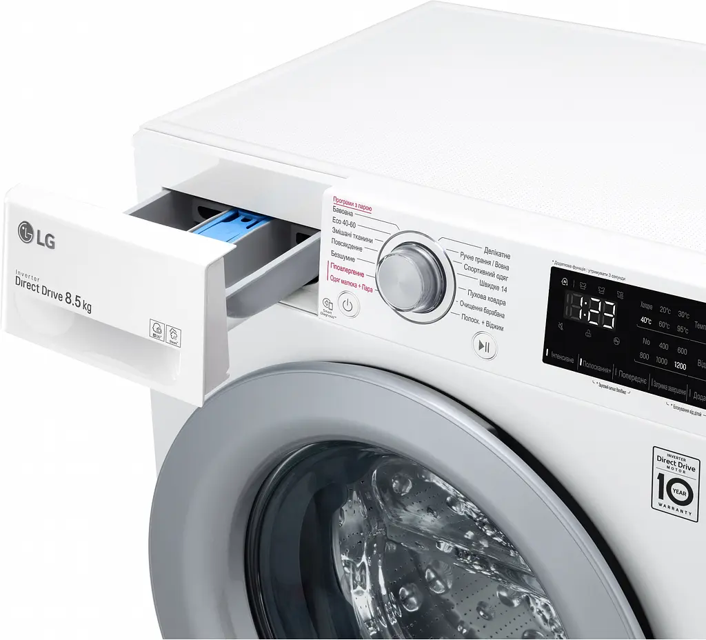 Пральна машина LG з фронтальним завантаженням F2V3GS4W, 8,5кг, 1200, A+++-30%, Пар, глибина 47см, Дисплей, Інвертор, Білий (F2V3GS4W) - фото 10