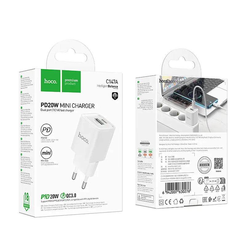 МЗП Hoco C147A Charm PD20W+QC3.0 charger(EU) White - фото 2