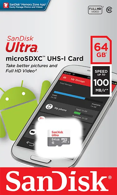 Карта памяти Sandisk microSDHC Ultra C10 UHS-I 100MB/s 64GB - фото 2