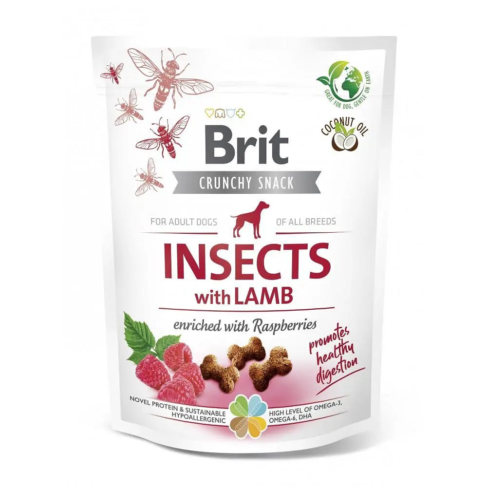 Ласощі Brit Care Dog Crunchy Cracker Insects для собак для травлення, комахи, ягня та малина, 200 г