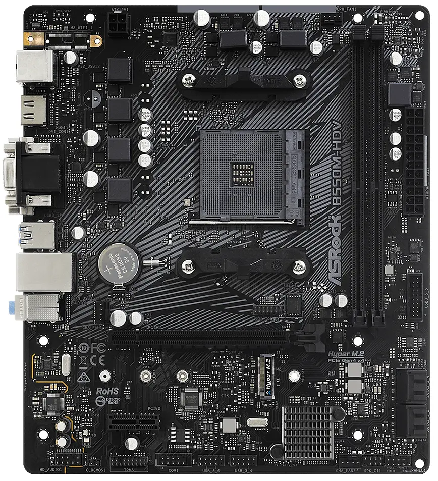 Материнська плата AM4 (B550) ASRock B550M-HDV, B550, 2xDDR4, Int.Video(CPU), 4xSATA3, 1xM.2, 1xPCI-E 16x 4.0, 1xPCI-E 1x 3.0, 8x, 1xM. RTL8111H, 6xUSB3.2/6xUSB2.0, VGA/DVI-D/HDMI, MicroATX - фото 2