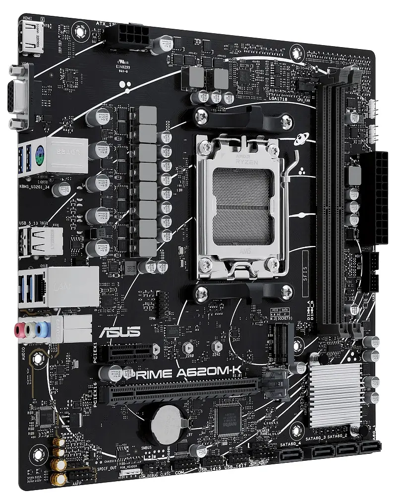 Материнська плата AM5 Asus PRIME A620M-K, A620, 2xDDR5, Int.Video (CPU), 4xSATA3, 1xM.2, 1xPCI-E 4.0 x16, 1xPCI-E 3.0 x1, Realtek 5.1, Realtek 1Gb, 4xUSB3.2/6xUSB2.0, VGA/HDMI, MicroATX - фото 3