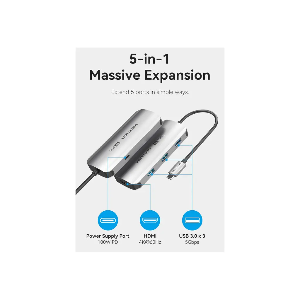 Концентратор Vention USB 3.1 Type-C to HDMI 4K60Hz/USB 3.0x3/PD 100W 5-in-1 (TQDHB) - фото 3