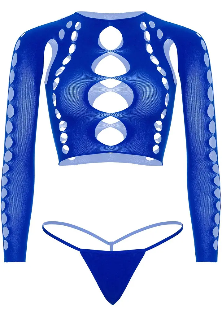Комплект безшовної білизни Leg Avenue Long sleeve crop top & string Royal Blue One Size, топ, стрінги - фото 3