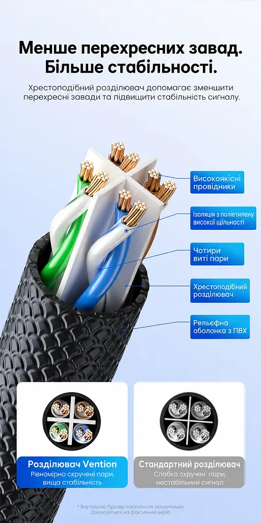 Мережевий патч-корд Ethernet Cat6A UTP на витій парі Vention 15 м 2 штекери RJ45 8P8C передавання даних до 10 Гбіт/с текстурована нековзка ПВХ-оболонка хрестоподібний розділювач витих пар позолочені контакти штекерів чорний кабель із напівпрозорими синіми корпусами штекерів (ISCBN) - фото 4
