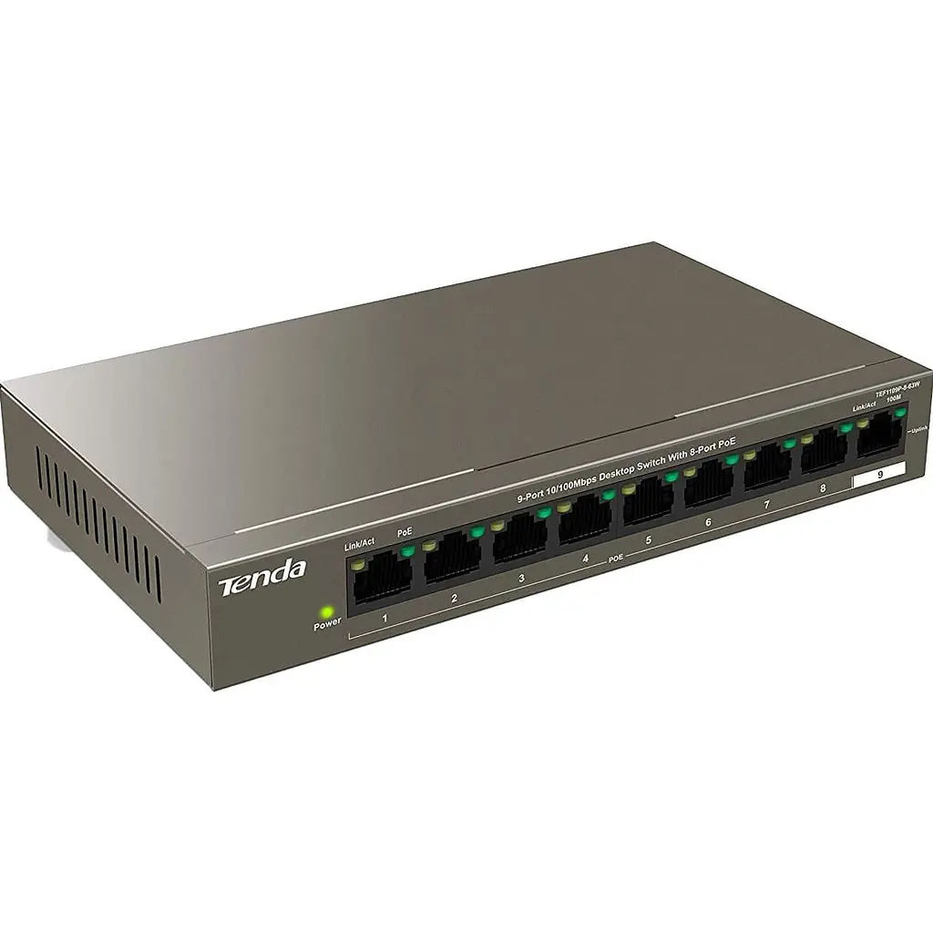 Комутатор Tenda TEF1109P-8-63W (1xFE+8xFE PoE, 58Вт max) (TEF1109P-8-63W) - фото 2