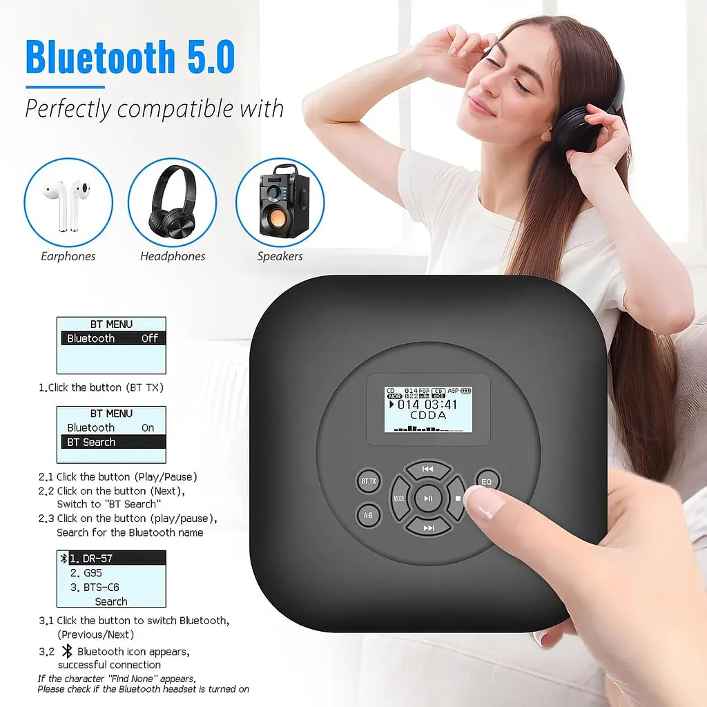 Портативний CD-плеєр Bluetooth з динаміками, перезаряджається CD-плеєр 1800 мАг Портативний із захистом від ударів/захистом - фото 5