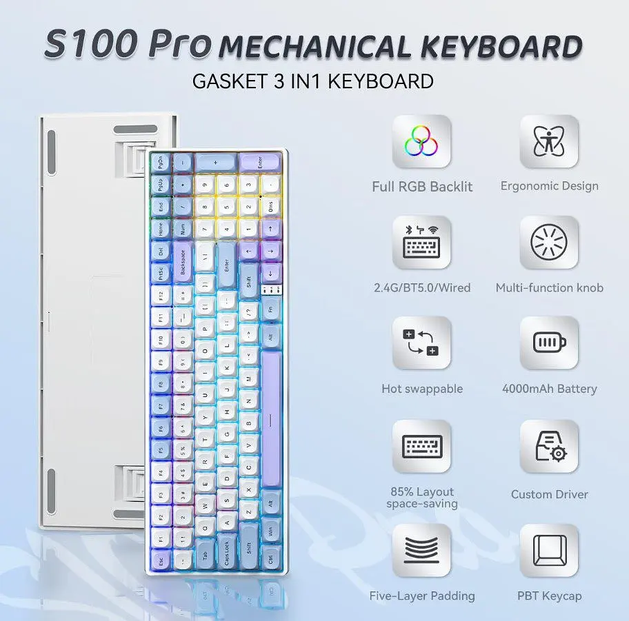 Клавиатура игровая механическая Aula S-100 PRO Wireless White-Blue ENG/UKR Red Switch Hot-Swap USB, 2.4G, Bluetooth - фото 5