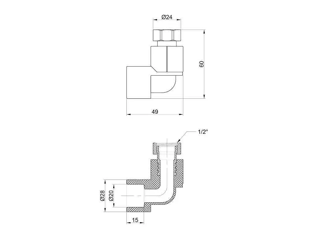 Кут Thermo Alliance 1/2" 90° d 20мм поліпропіленовий 1/2"В латун. накид. гайка, лат. шток для поліпроп. труб (DSE701) - фото 2