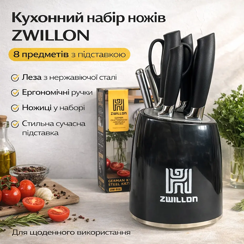 Набір кухонних ножів ZWILLON ZW-546 з неіржавкої сталі, 8 предметів, з підставкою, ергономічні ручки, чорний - фото 2