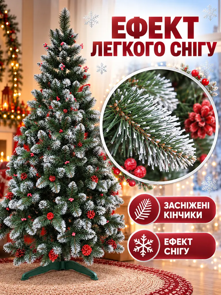 Штучна ялинка YaLINKA КK25 Адель 250 см зі червоними шишками, перлами та засніженими кінчиками, зелена (49676509) - фото 6