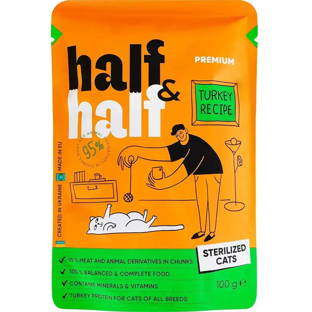 Корм вологий Half&Half для стерилізованих котів шматочки з індичкою в желе у формі пауча 100 г