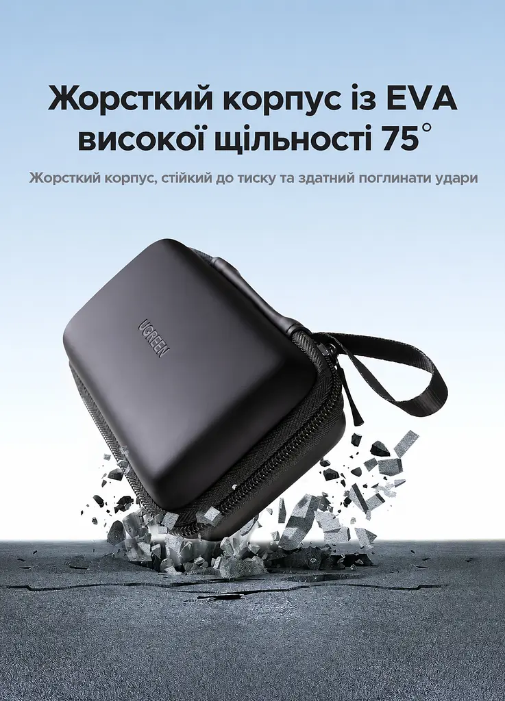 Футляр для зберігання M.2 SSD UGREEN LP895 для пристроїв розміром менше ніж 125 × 55 × 22 мм з твердим корпусом EVA з еластичною стрічкою для фіксації із сітчастою кишенею для аксесуарів з оксамитовою підкладкою з ручкою для перенесення на блискавці чорний (55091) - фото 6