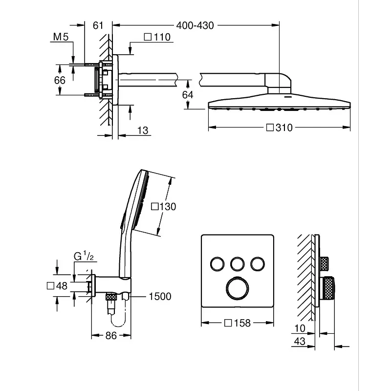 Душова система прихованого монтажу Grohe Grohtherm Smartcontrol з Rsh Smartactive 310 Cube 1039980000, Хром - фото 4
