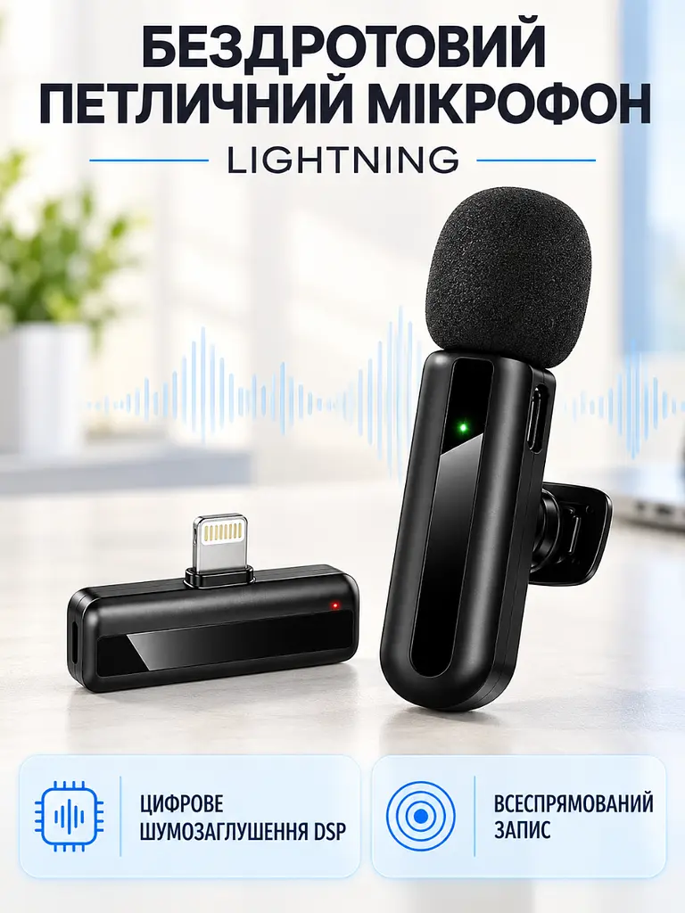 Бездротовий петличний мікрофон Lightning для iPhone чорний (37261569) - фото 2