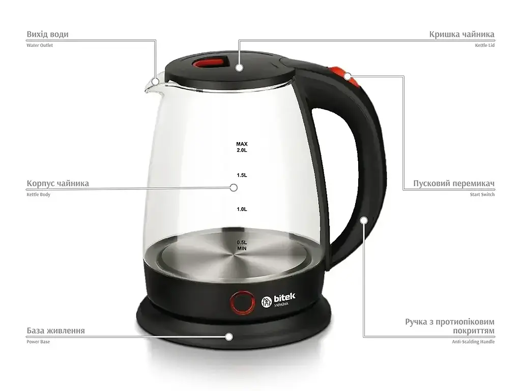 Скляний електричний чайник BITEK 2.0 л 2400 Вт BT-3113 - фото 3