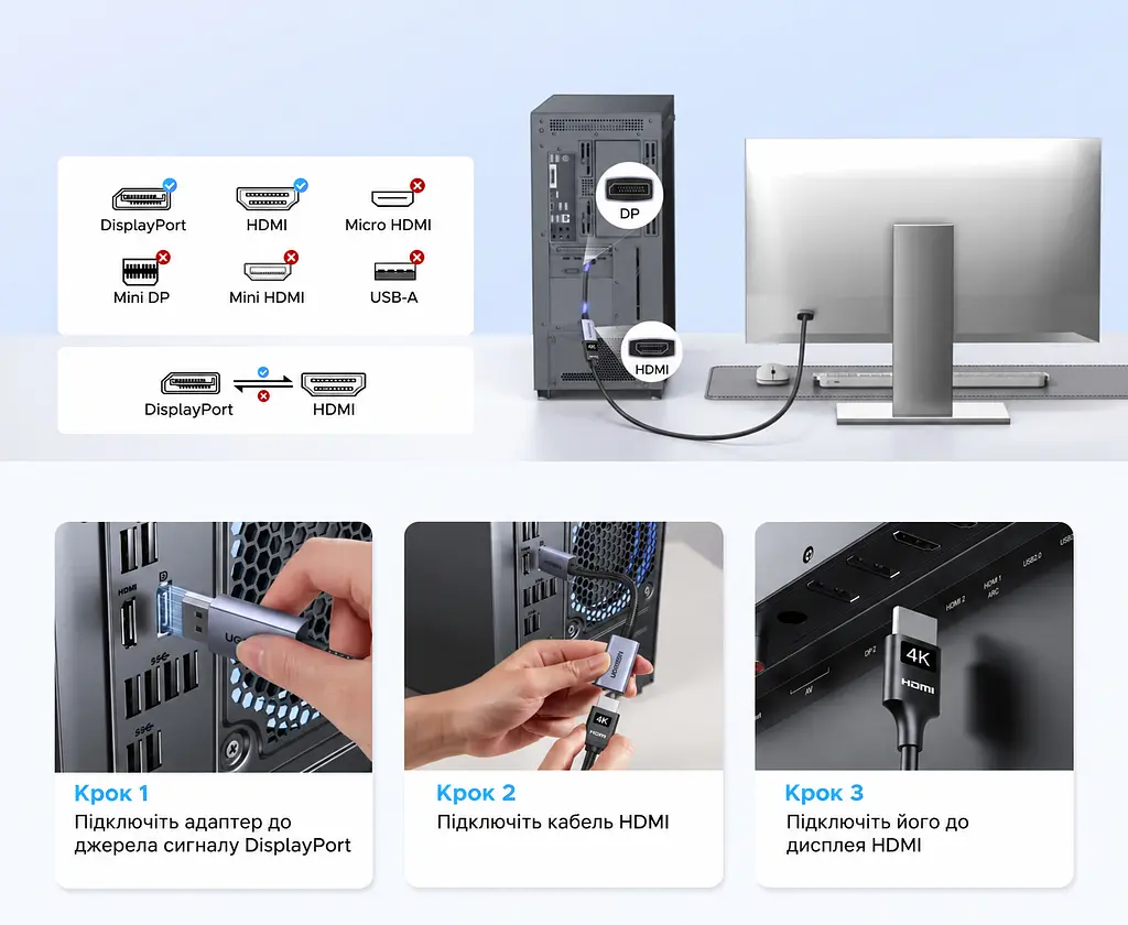 Відеоперехідник UGREEN DP139 DisplayPort - HDMI 4K 60 Гц 0,2 м сріблясто-сірий (95418) - фото 2