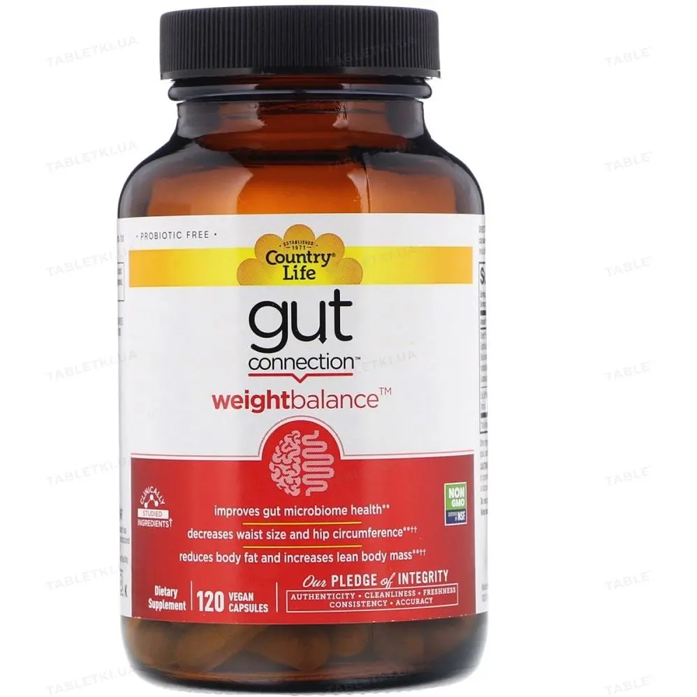 Натуральна добавка Country Life Weight Balance Gut Connection кишечник та вага 120 капсул  - фото 1
