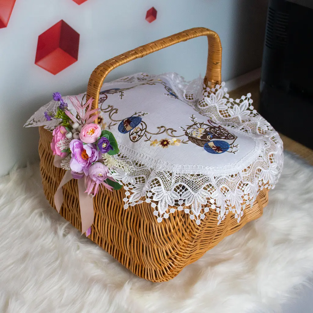Вишита серветка на пасхальний кошик з ажурним мереживом 40х60 см №32, Kitchen Master Білий 86072 - фото 3