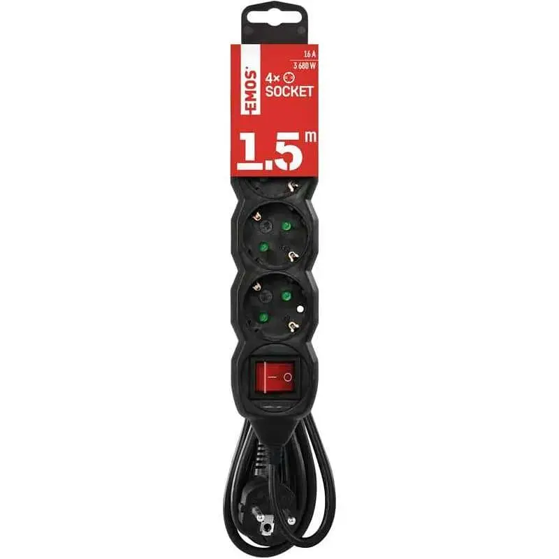 Мережевий фільтр з вимикачем, 4 розетки, 1.5м, Black (PC1421R) - фото 2