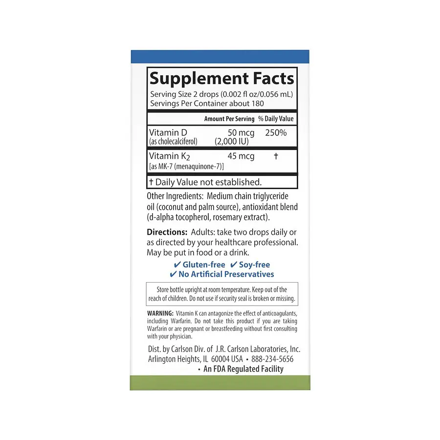 Вітаміни та мінерали Carlson Labs Super Daily D3+K2 2000 IU/45 mcg, 10.16 мл - фото 3