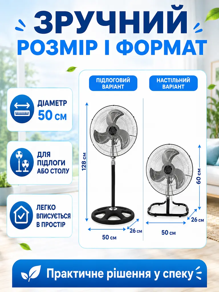Вентилятор 3 в 1 200 W 50 см підлоговий настільний настінний з металевими лопатями (49675910) - фото 6