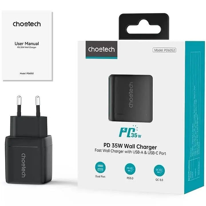 Мережевий зарядний пристрій Choetech PD6052-EU-BK USB-A/USB-С - фото 3